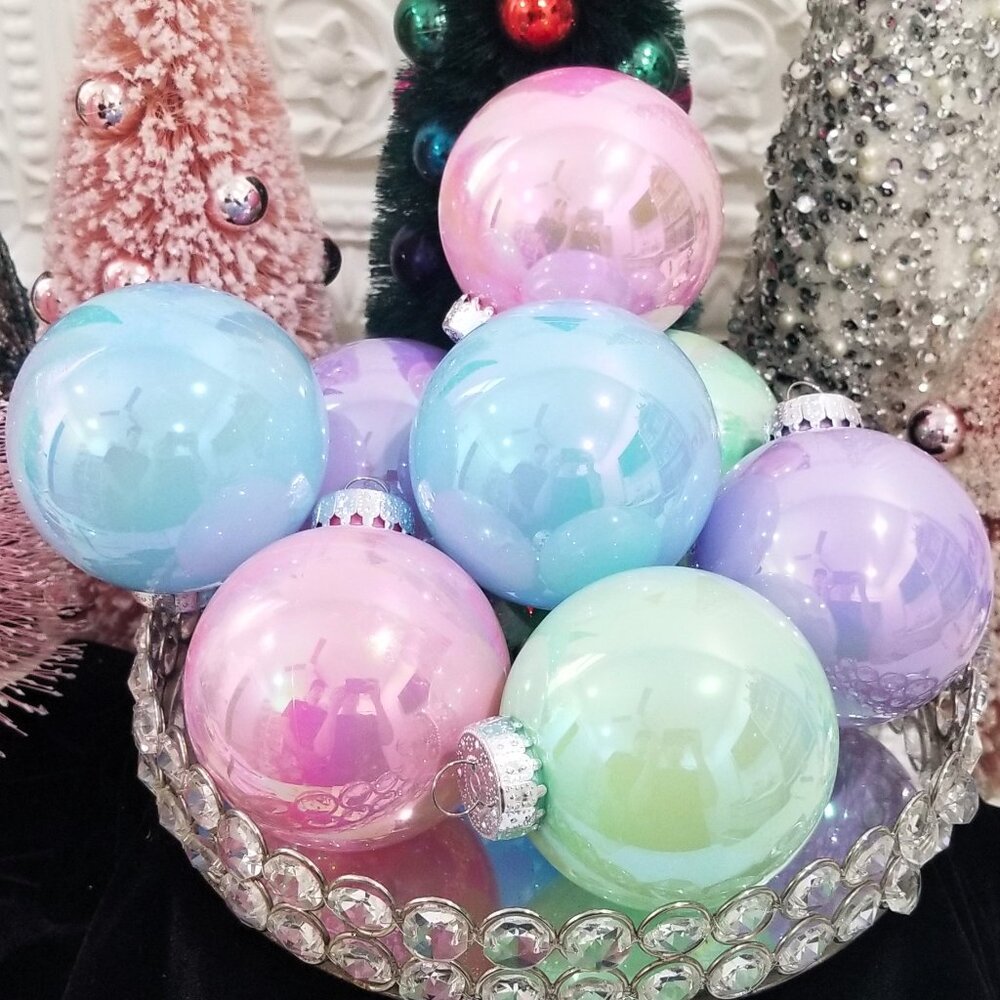 8 Pastel Iridescent Christmas Ornament Balls - Bakery Candyland Pink Blue